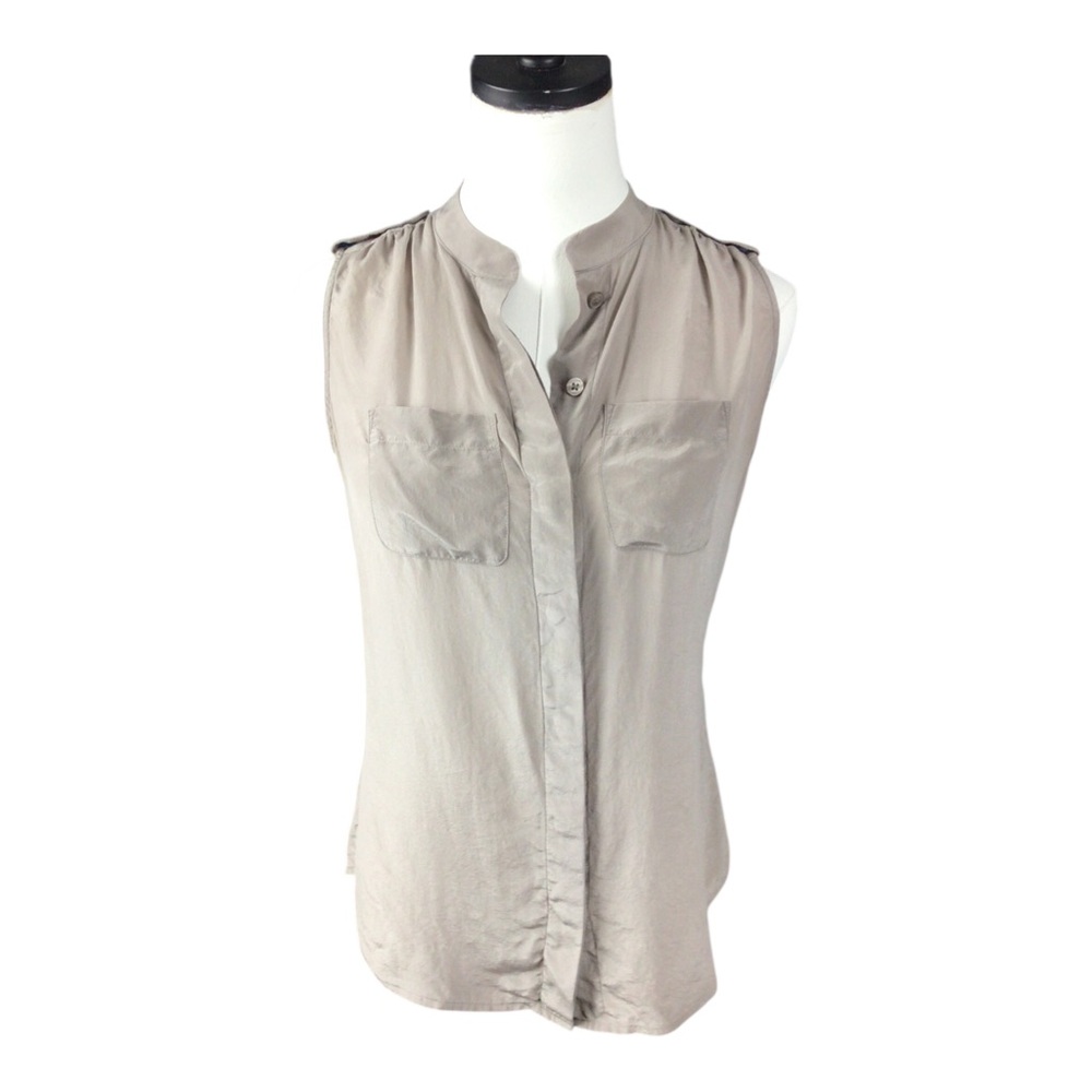 Banana Republic 100% Silk Hidden Buttons Sleeveless Size 2 Blouse Taupe/ Gray